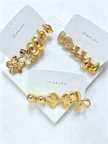 4/16PCS Fashion Women Geometric Multi-Element Gold Metallic Earring Set, Suitable For Daily & Festival Wear, (Lightweight CCB Material, Non-Fading/No Drooping Feeling) - Gold - View 3