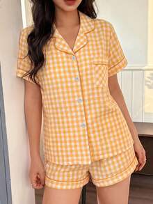 2pcs/Set Women's Comfortable Dual-Color Plaid Print Short Sleeve Collared Top And Bow Shorts Pajama Set, Spring/Summer - Orange - View 4