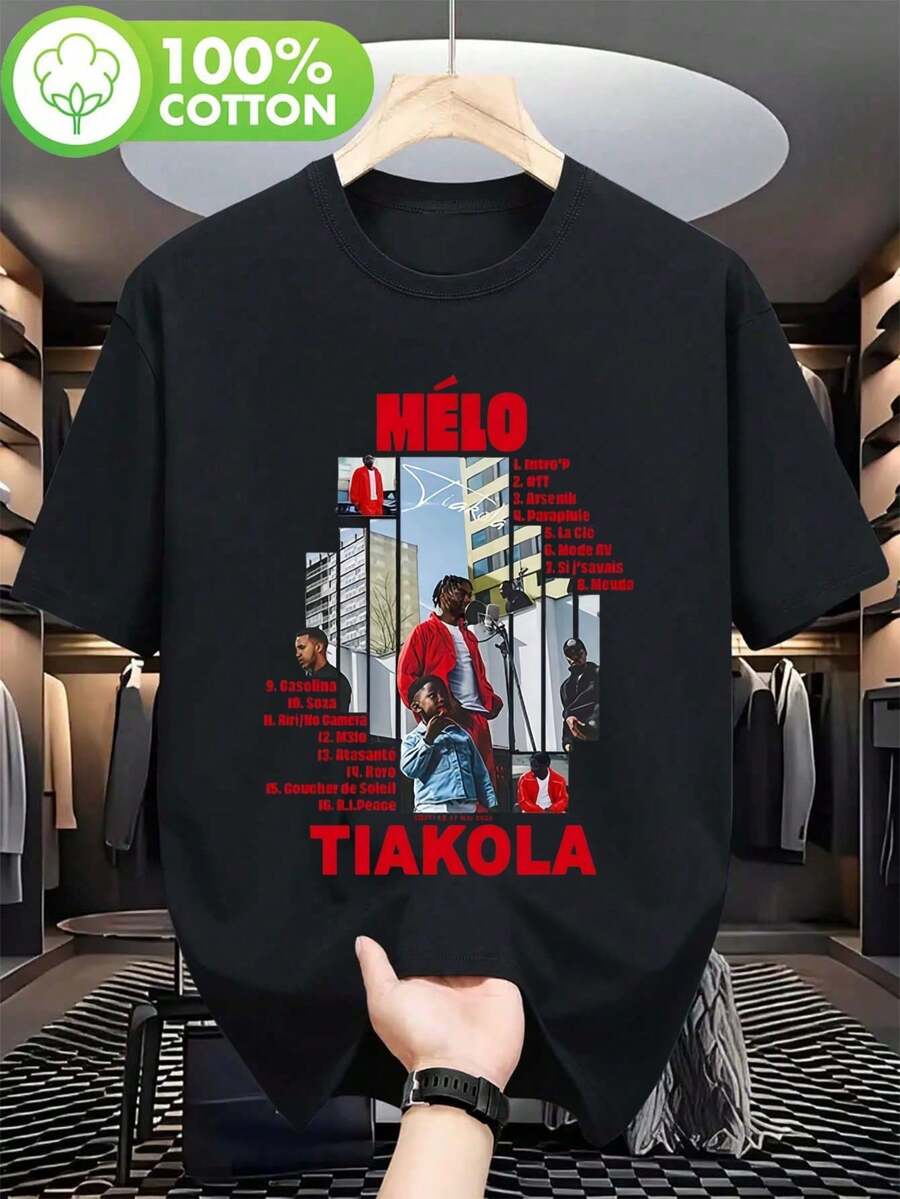 Men's Black T Shirt,For TIAKOLA MELO Tour Design,Printed With The Rapper's Official Logo And Lyrics,Made With High-Density Fabric,Very Suitable For Concerts,Casual Outings And Hip-Hop Fashion. - 黑色 - 查看 1