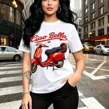 Camiseta de mujer con estampado de scooter vintage rojo y texto "Ciao Bella" en estilo retro - camiseta casual de manga corta con ajuste cómodo y elegante, ideal para paseos urbanos, días de compras o salidas con amigas - regalo perfecto para mamá, e - Blanco - Ver 9