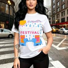Camiseta de mujer con estampado colorido celebrando el Festival Songkran con elefantes azules, sol amarillo y lluvia - camiseta casual de manga corta con ajuste cómodo y fresco, estilo urbano vibrante ideal para paseos por la ciudad o eventos temátic - Blanco - Ver 10