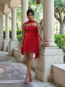Red Rhinestone Strapless Mini Dress Shawl 2Pcs Set, Tie Back Slim Formal Gown, Elegant Wear For Wedding Guest, Date, Birthday, Cocktail Party & Dinner - Red - View 6