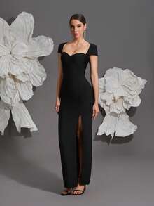 Strick-Bandage-Bodycon-Kleid, sexy figurbetonte Silhouette, luxuriöses europäisches und amerikanisches Design, Hochzeit, Schwarz, Party - Schwarz - Übersicht 6