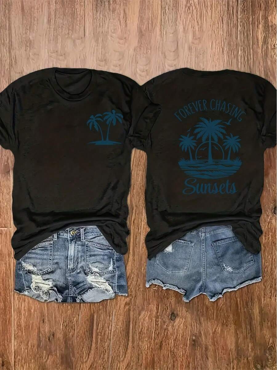 Sommar Toppar Dam 2026Palm Tree And Sunset Pattern With "FOREVER CHASING Sunsets" Text On The Back, Summer Women'S Fashion T-Shirt, 180G Addio Al Nubilato - Black - View 1