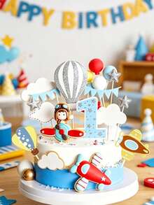 1 pieza Decoración para pastel de arcilla suave con avión y niño, avión rojo, globo, nube, decoración de pastel, adecuado para fiesta de cumpleaños, fiesta temática, regalo para niños - Multicolor - Ver 2