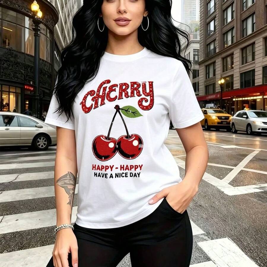 Camiseta de mujer con estampado de cerezas y texto "CHERRY HAPPY - HAPPY" en letras brillantes rojas - camiseta casual de manga corta con ajuste cómodo y estilo urbano, ideal para pasear por la ciudad, fiestas temáticas o salidas diarias - regalo per - Blanco - Ver 1