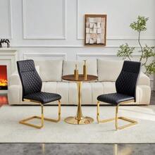 Table And Chair Set. Round 60cm Table In Walnut-Effect MDF, Gold Support Base, Matching 2 Black Dining Chairs With Diamond Pattern And Gold Metal Frame. - Black Gold - View 12