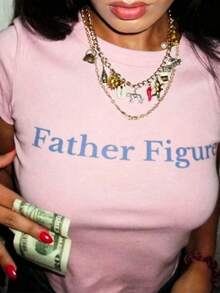 Father Figure Tee Y2k Aesthetic Tee Y2k Tee Funny Slogan  Tee Y2k Crop Top 2000s Fashion Top 90s Era Tee-Loose-Fit Easy Relaxed Style, - 粉色 - 查看 1