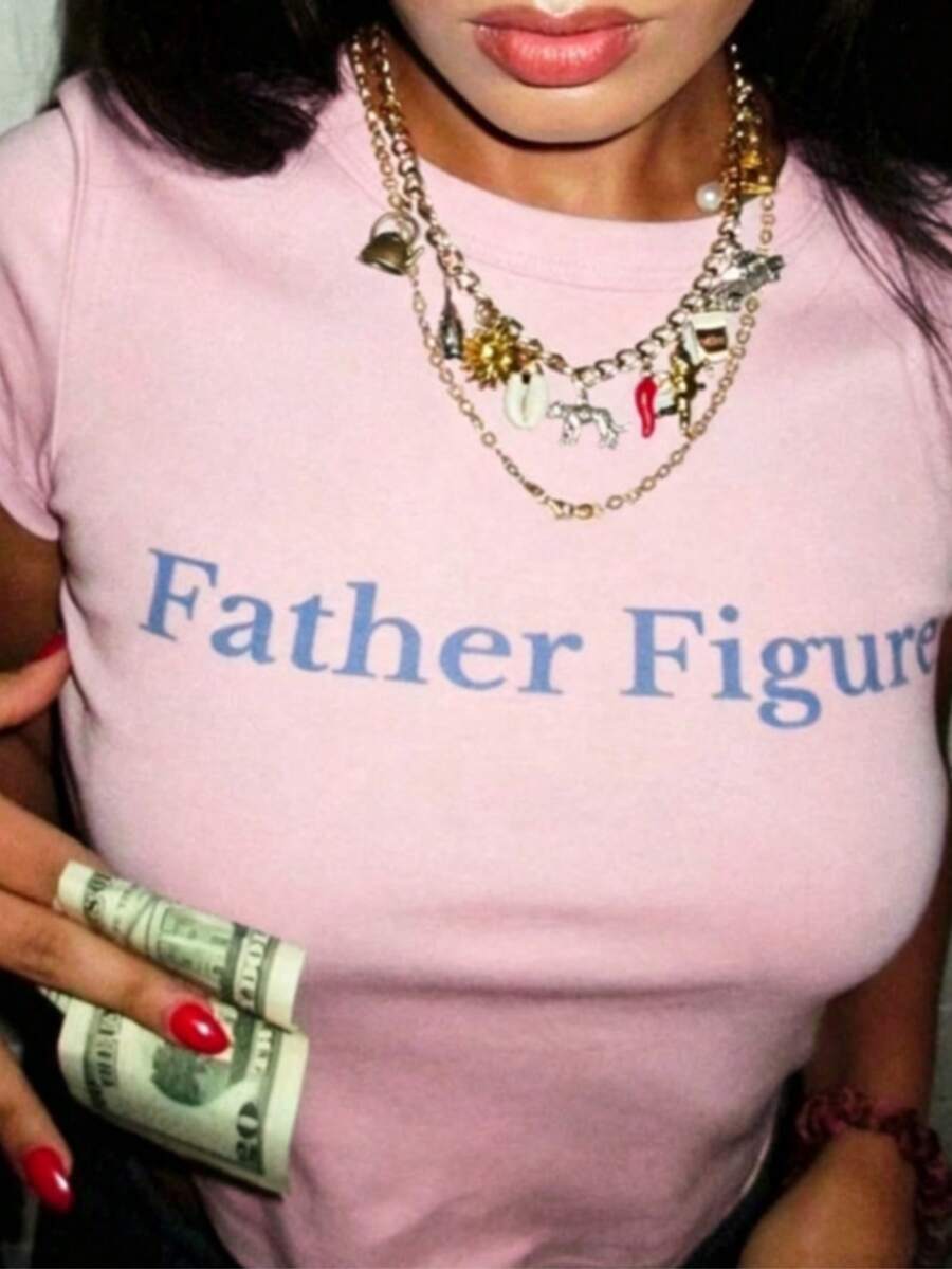 Father Figure Tee Y2k Aesthetic Tee Y2k Tee Funny Slogan Tee Y2k Crop Top 2000s Fashion Top 90s Era Tee-Loose-Fit Easy Relaxed Style, - 粉色 - 查看 1