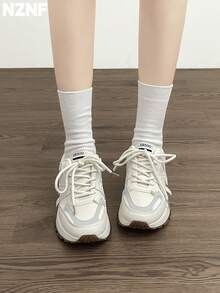 NZNF 2025 New Arrival White Chunky Sneakers, Vintage Low-Top Casual Shoes, Flattering Silhouette - Beige - View 4