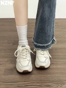 NZNF 2025 New Arrival White Chunky Sneakers, Vintage Low-Top Casual Shoes, Flattering Silhouette - Beige - View 2