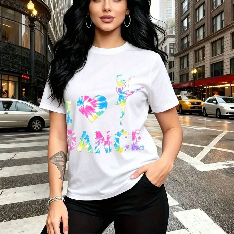 Camiseta de mujer con estampado colorido "I ️ DANCE" y silueta bailarina en tie-dye arcoíris - camiseta casual de cuello redondo, ajuste cómodo y estilo urbano vibrante para expresar pasión por el baile - ideal para salidas casuales, festivales de m - Blanco - Ver 1