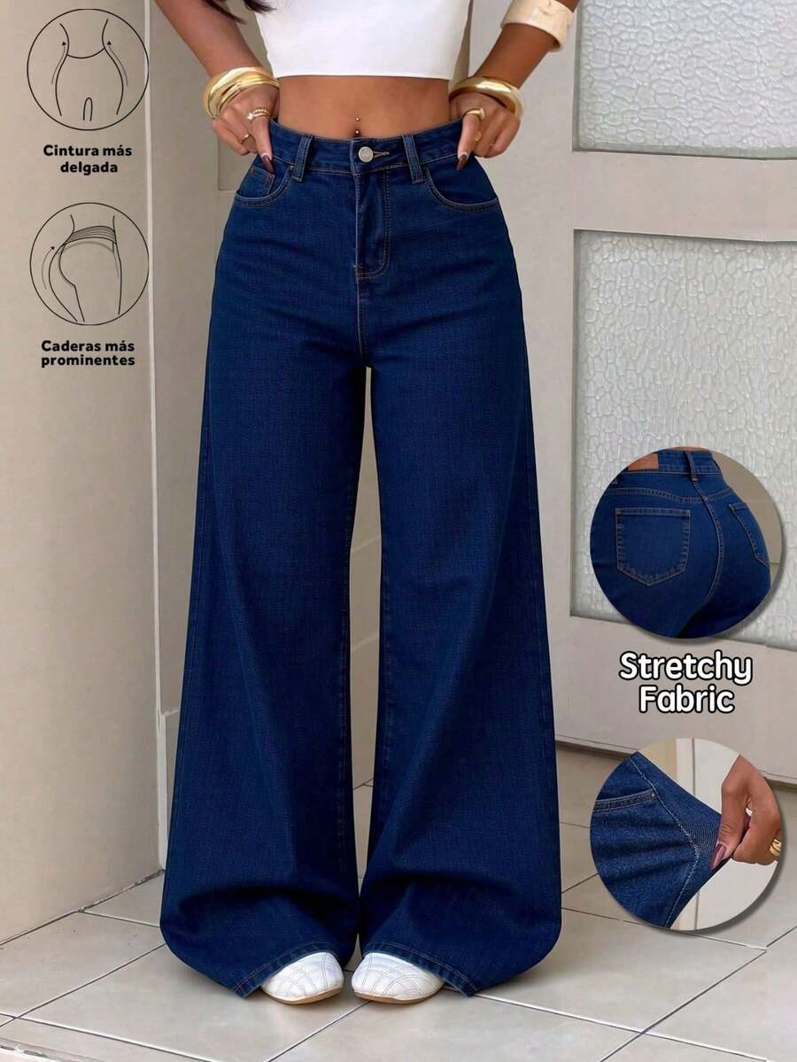 Pantalones de mezclilla rectos lavado, elásticos, efecto levantador de glúteos, control abdominal y caída amplia - Azul profundo - Ver 1