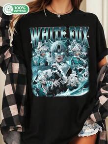 Whites Fox Anime Fantasy Cotton T-Shirt, Retro Oversized Tee - Hitam - View 1