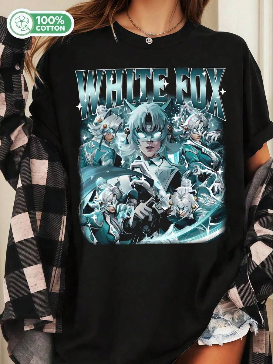 Whites Fox Anime Fantasy Cotton T-Shirt, Retro Oversized Tee - Hitam - View 1