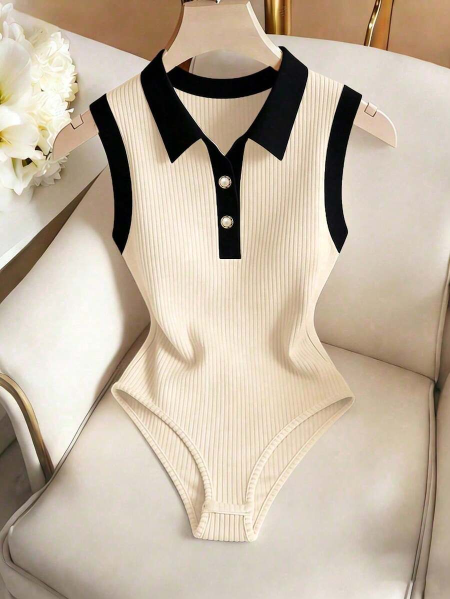 Mono elegante y versátil de punto con cuello de solapa semi-abierto, mono de mujer para primavera/verano, mono de mujer para vacaciones, mono de mujer para playa, conjunto de verano para mujer, mono de playa, mono para salir, mono para graduación, mono de vacaciones, mono casual, mono blanco, mono blanco, mono blanco de una pieza para mujer, mono blanco de verano para mujer - Multicolor 2 - Ver 1