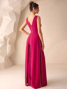 Diamond Chain Decor Deep V-Neck Sleeveless Split Leg High-End Evening Gown Pants - Hot Pink - View 3