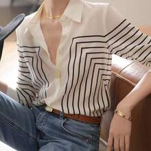 Women's fashion YUXIN Blusa de seda con rayas geométricas para mujer, de manga larga y ajustada con cuello, transpirable y de moda, adecuada para la oficina/ocasiones sociales ligeras casuales - Rojo - Ver 6