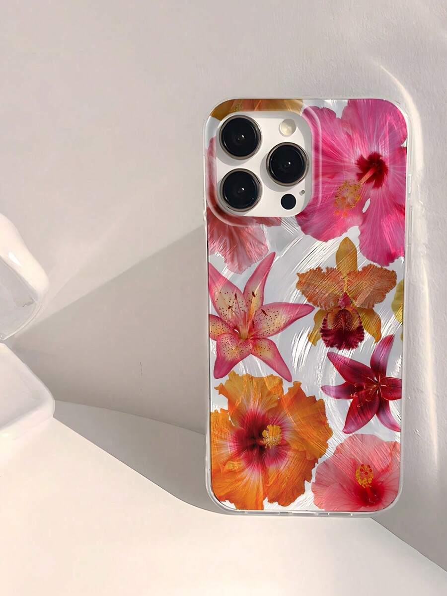 Funda de teléfono de moda con elementos florales rosas de lujo, fondo ondulado perlado, diseño de impresión por transferencia de imagen, suave y premium.1 pieza de funda de teléfono transparente con estampado floral rosa de retazos, antihuellas, antiarañazos, brillante, resistente al agua y a los golpes, regalo de primavera, cumpleaños, aniversario, regalo para mamá - Pluma pequeña 5 - Ver 1