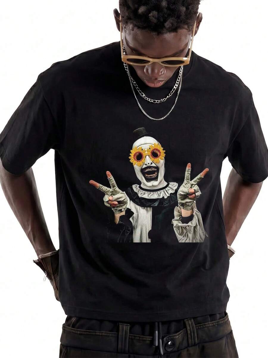 1 PCS Unisex T-Shirt With Fun Retro Graphic Character, Comfortable Breathable Cotton, Loose Casual Street Style For Parties, Outings And Summer - Black - View 1