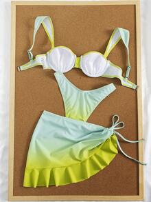 3 Pieces Solid Color Tankini Swimwear Set, Wide Strap Design With Underwire For Comfortable Support, Fashionable Beach Style Vacation Summer - Yellow-green Gradient - View 2