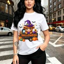 Camiseta de mujer con estampado festivo de Halloween featuring toro bruja, calabazas y girasoles - camiseta casual de manga corta con ajuste cómodo y elegante, estilo urbano divertido para la ciudad - ideal para fiestas de Halloween, salidas casuales - Blanco - Ver 7