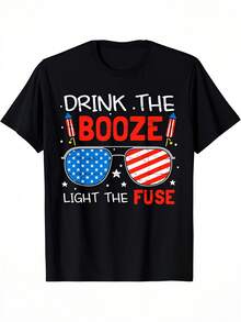 T-shirt de fête amusant pour le 4 juillet avec drapeau américain USA et feux d'artifice pour boire - Noir - Voir 1