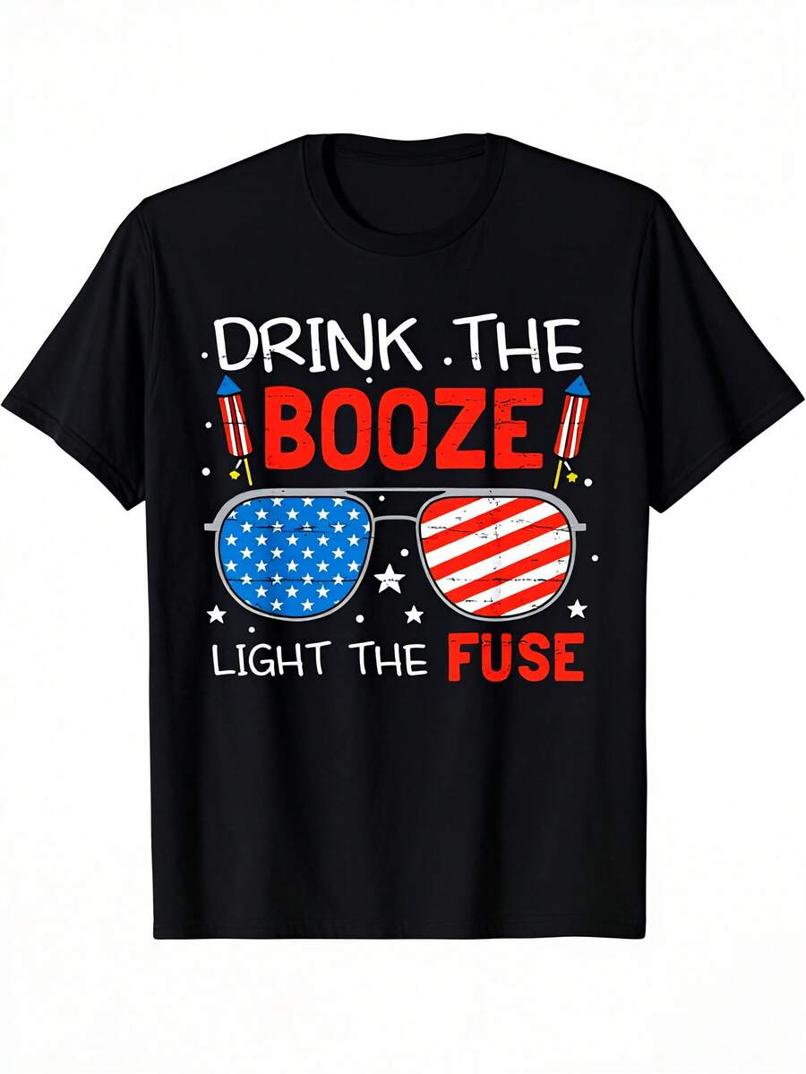 T-shirt de fête amusant pour le 4 juillet avec drapeau américain USA et feux d'artifice pour boire - Noir - Voir 1