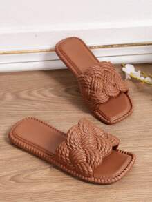 Sandal Selop Wanita Musim Semi/Panas Serbaguna Minimalis Tenun Ringan Nyaman Lembut Gaya Liburan Ujung Terbuka Sepatu Pantai - Coklat - View 5