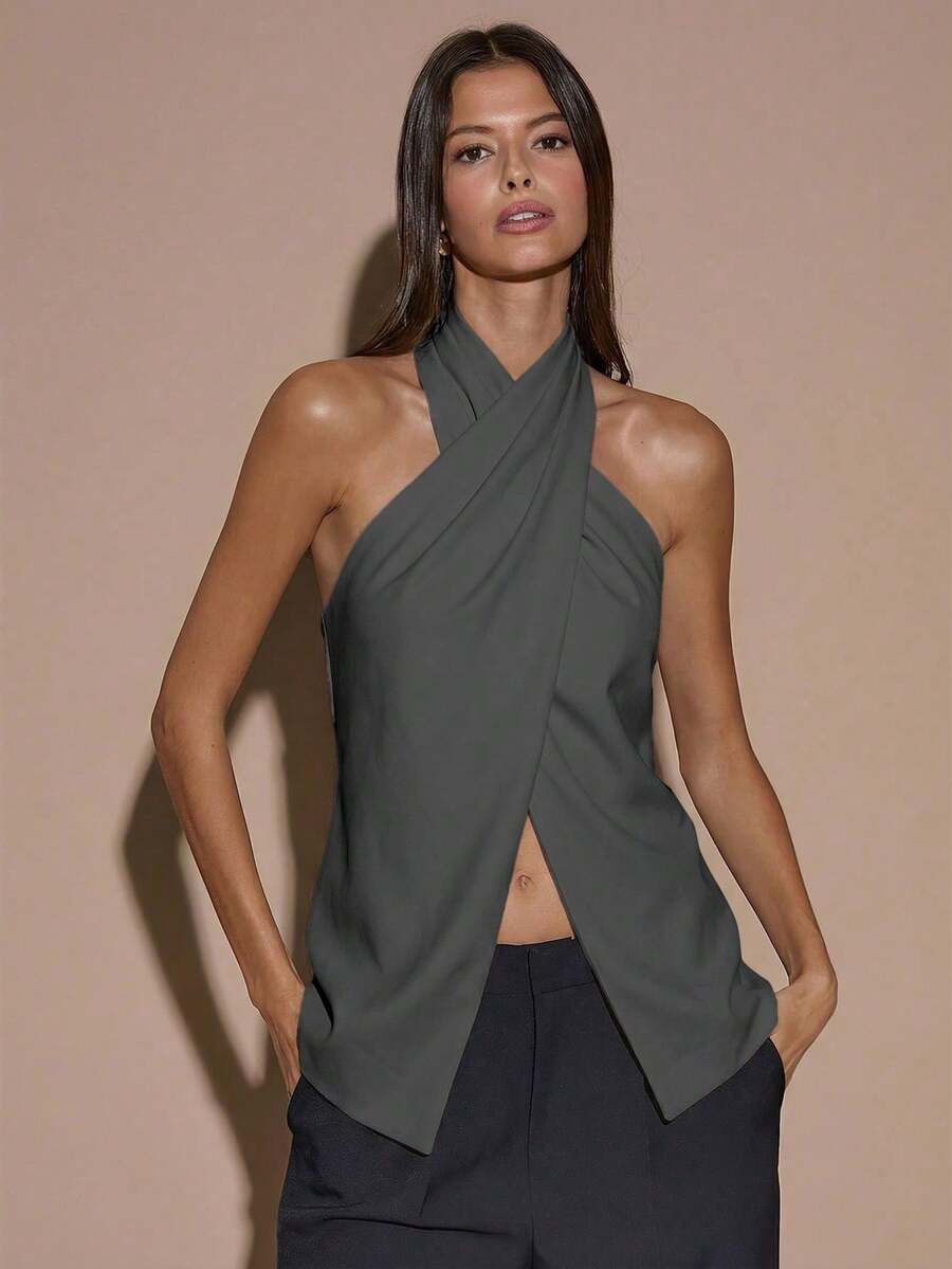Blusa elegante de color café sólido con cuello halter sin espalda para mujer, top elegante, top con estilo de envoltura cruzada, otoño/invierno - Gris Oscuro - Ver 1