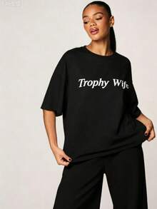 Women's T-Shirts 100% Cotton 2026 Trophy Wife Slogan Oversized Crew Neck Short Sleeve Graphic Statement Tee Cotton Blend Casual Summer Spring Text Print Women T-Shirt100% - 黑色 - 查看 3