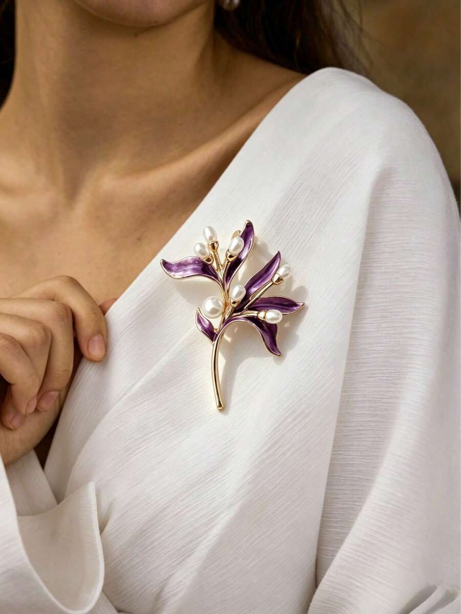 1pc Vintage Luxury Olive Branch Pearl Brooch, Suitable For Coats, Shirts, Hats, Bags, Wedding Corsage - Purple - View 1