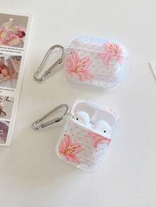 1个百合花波点印花透明蓝牙耳机保护套，带耳挂，清新花卉设计，适用于无线耳机，送给女孩和学生的绝佳礼物，耳机配件，快速发货 - 彩色 - 查看 5