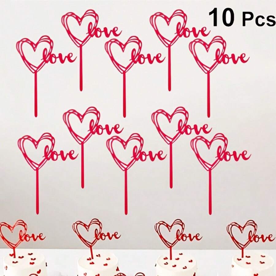 10pcs Small Acrylic Cake Toppers, Heart-Shaped Baking Decoration Cards, Acrylic Cake Flags, Dessert Table Decor Props - Multicolor - View 1