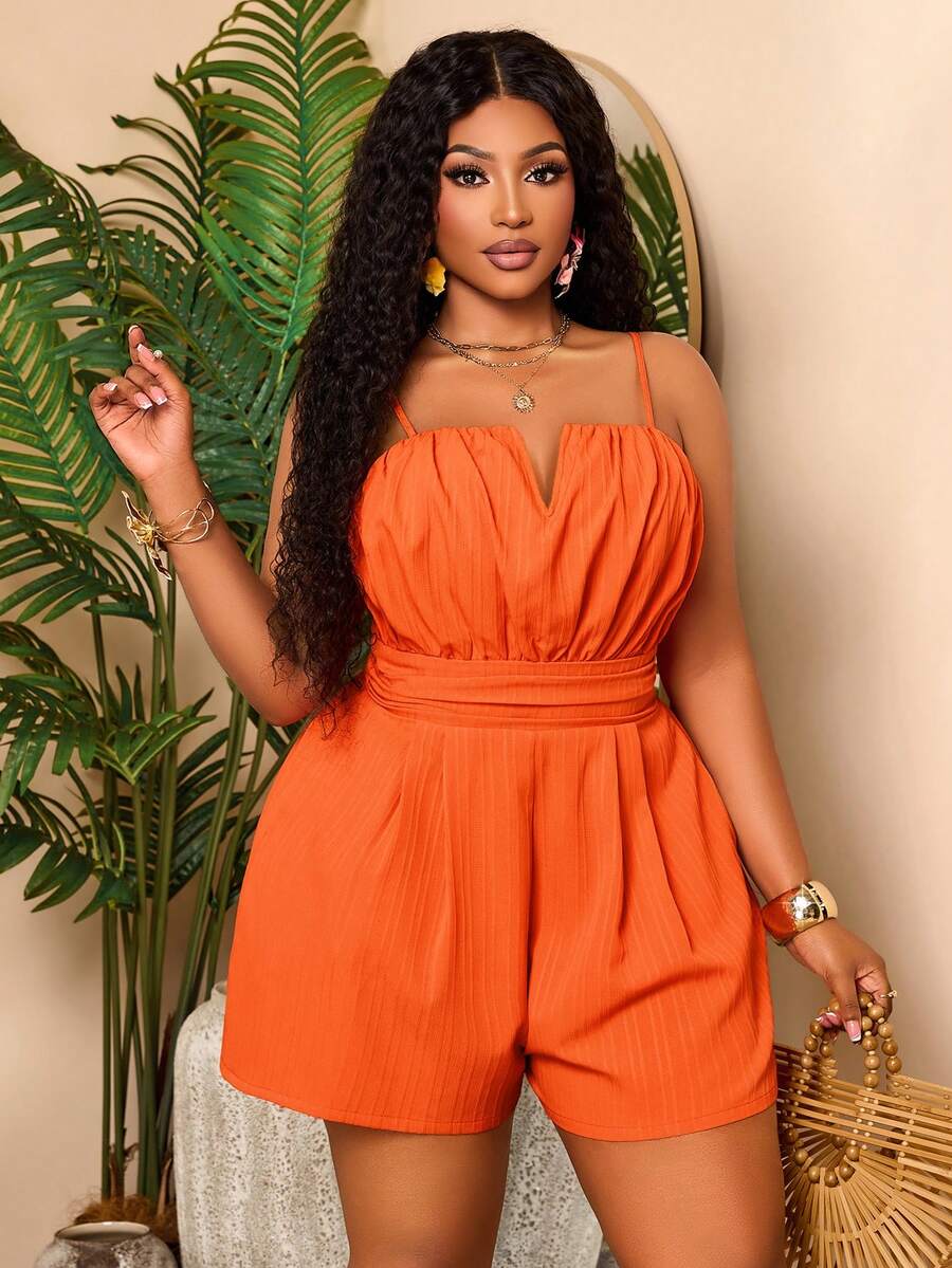 BIUBIU Plus Size Women's Orange Casual Jumpsuit, Sleeveless Spaghetti Strap V-Neck Ruched Short Jumpsuit With Pockets, Suitable For Summer And Daily Wear - Burnt Orange - View 1