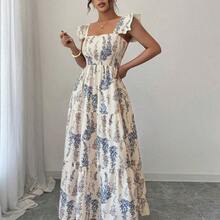 Vestido midi de capas múltiples y efecto patchwork con cintura ceñida, apropiado para vacaciones y verano - Multicolor - Ver 6