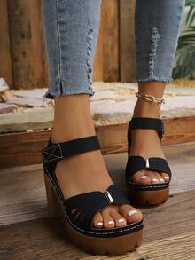 Sandalias de plataforma con cuña y hebilla de unicolor retro para mujer de talla grande - Negro - Ver 3