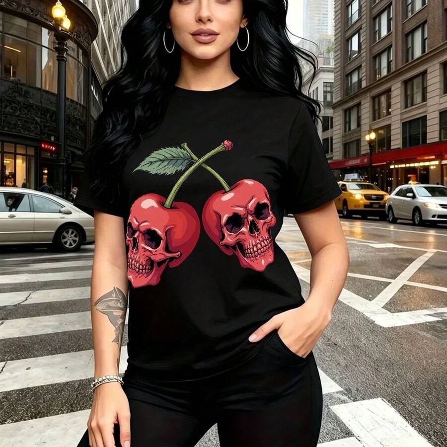Camiseta de mujer con estampado gótico de dos cerezas estilo calavera humana y dientes visibles - diseño edgy de cuello redondo con ajuste cómodo y fresco, ideal para paseos urbanos, salidas nocturnas o eventos alternativos - regalo perfecto para mam - Negro - Ver 1