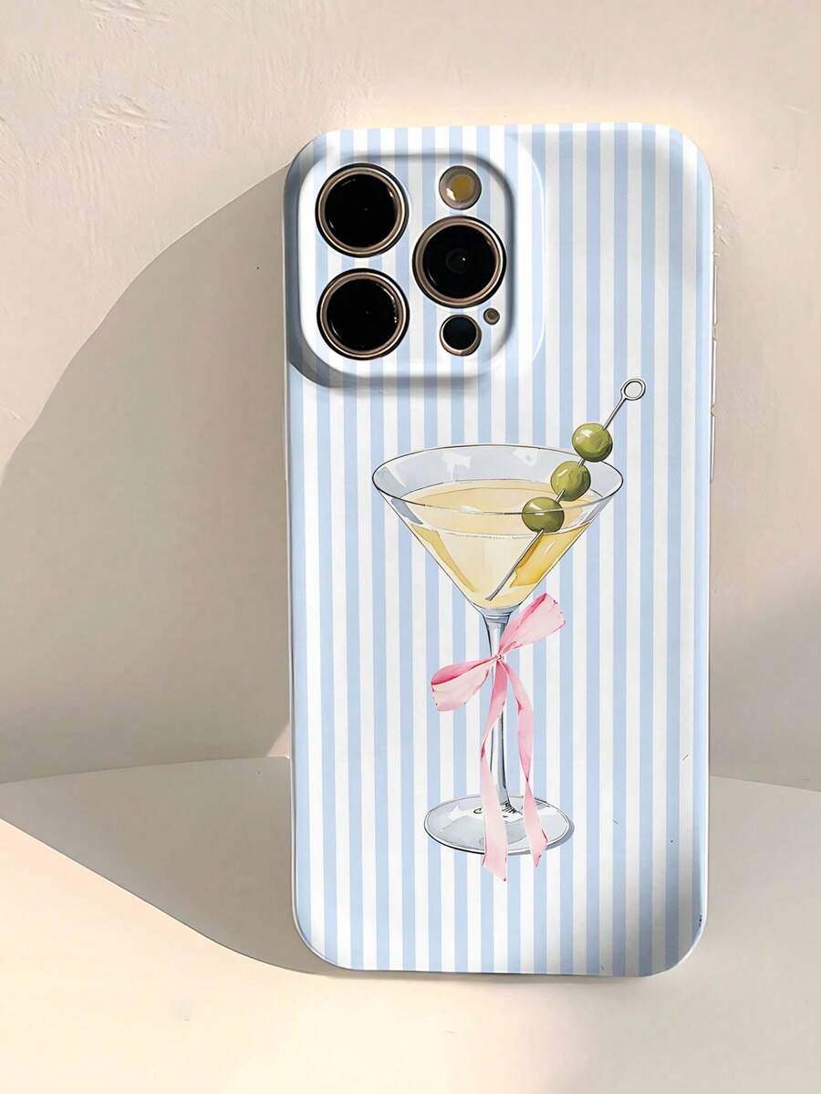 1 piezaModaTeléfonoCasoNo incluye cordón ni soporte. 1 unidad, funda de plástico brillante perforada con diseño de copa de martini a rayas azules y blancas, compatible con 11/12/13/14/15/16 Professional, resistente al agua, a los golpes, a las caídas y a los arañazos, versión internacional, no la versión nacional. - Multicolor - Ver 1