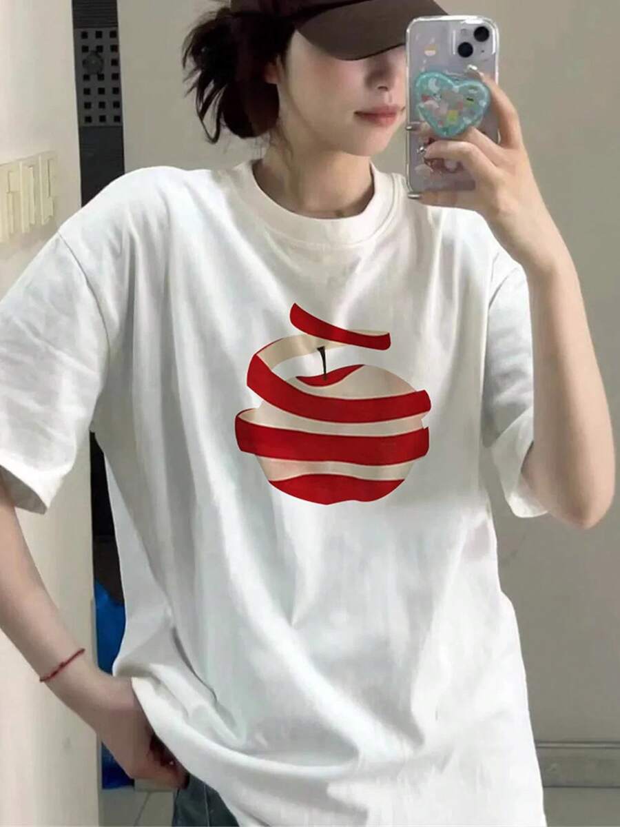 Nueva camiseta de verano para mujer con diseño de manzanas, versátil, de manga corta, corte holgado informal, adecuada para usar como prenda exterior, top de hombros regulares. - Blanco - Ver 1