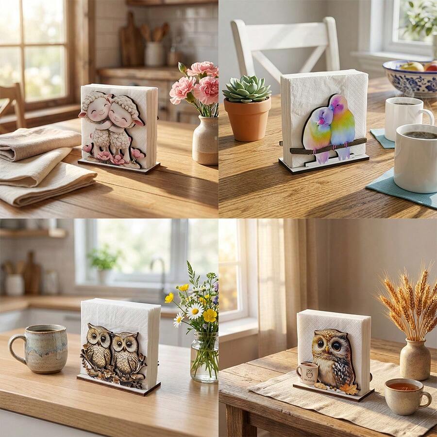 1Set Cute Cartoon Animal Wooden Napkin Holder. Cute Lamb Cow Owl Design Tissue Dispenser. Table Centerpiece For Living Room Cafe Kitchen Dinning Room. Kitchen Storage Organization Ornaments.Home Decor. - Multicolor - View 1