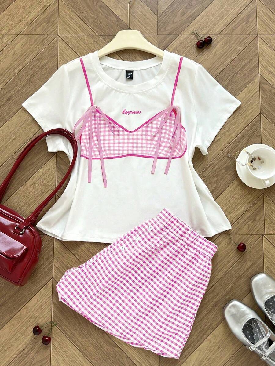 Conjunto de 2 piezas de Playera con cuello redondo y estampado de moño talla extra + Shorts con estampado a cuadros y cintura elástica - Multicolor 3 - Ver 1