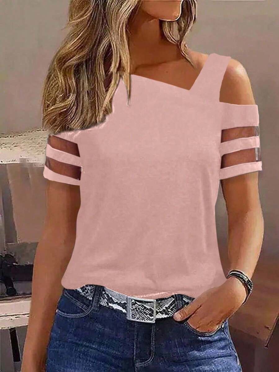 Camiseta casual de mujer para vacaciones con cuello asimétrico, manga corta y panel de malla - Rosa vieja - Ver 1