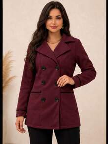 Fleece-Lined Sweatshirt Jacket, Fleece-Lined Sweatshirt, Winter And Autumn Fashion, Elegant Women's Fashion, Fold-Down Collar, Long Sleeves, Warm Fabric, Stylish Soft Jacket. - 酒紅色 - 查看 3