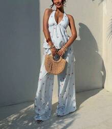 Conjunto de 2 piezas para mujer: top halter sin espalda de color sólido y pantalones de pierna ancha para vacaciones de verano. - Azul - Ver 7