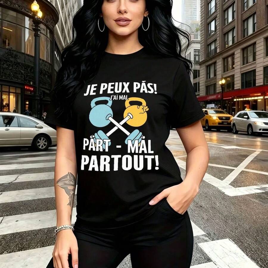 Camiseta de mujer con estampado humorístico de pesas francesas y frase "Je peux pas, j'ai mal" - diseño divertido de gimnasio para chicas con estilo urbano, ajuste cómodo y fresco ideal para salir a caminar por la ciudad o ir al gym - regalo perfecto - Negro - Ver 1