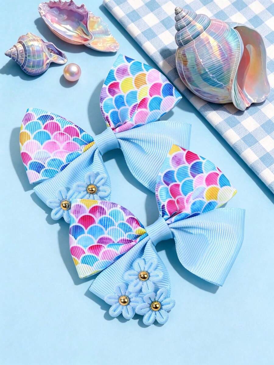 2pcs/Set Mermaid Hair Clips, Colorful Girly Hair Accessories, Fashion Fish Scale Print Satin Ribbon Bow Alligator Clips, Suitable For Summer Daily, Beach Party, Seaside Holiday, Coastal Beach Style Cute Hair Decor - Multicolor - View 1
