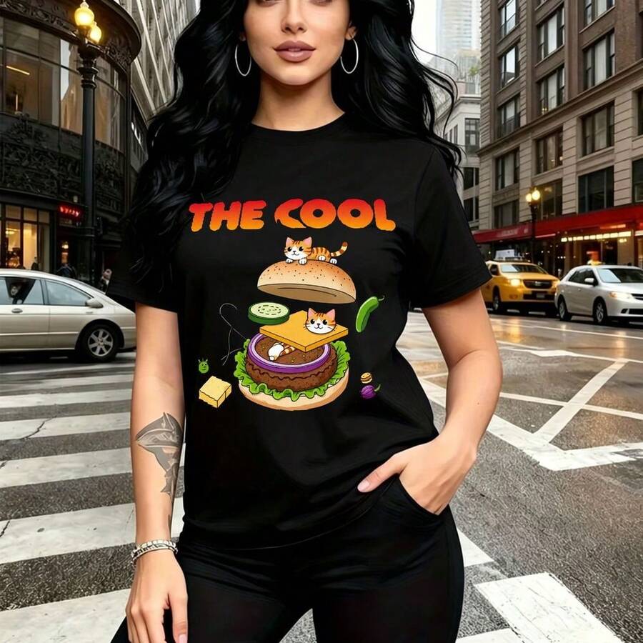 Camiseta de mujer con estampado divertido de hamburguesa y gatitos estilo cartoon - diseño colorido con texto "THE COOL" en naranja, ajuste casual cómodo y fresco, estilo urbano y alegre para la calle - ideal para días soleados, paseos por la ciudad - Negro - Ver 1