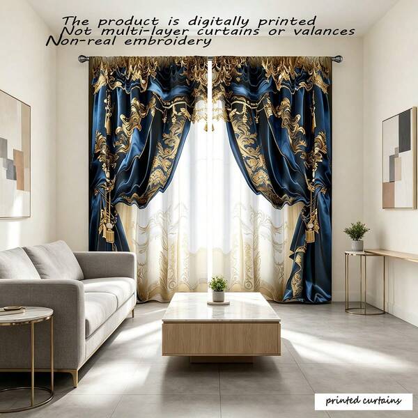 2pcs Navy Blue & Gold Baroque Luxury Royal Style Printed Curtains, 100% Polyester, Rod Pocket, 0-40% Light Blocking, Unlined, 90g/M², 180cm Wide, Perfect For Bedroom, Living Room, Dining Room, Bathroom And Outdoor Use