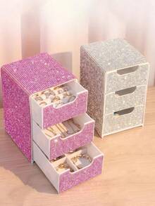 Full Rhinestone 3-Tier Small Drawer Desktop Storage Box Organizer For Jewelry And Cosmetics - Multicolor - View 8
